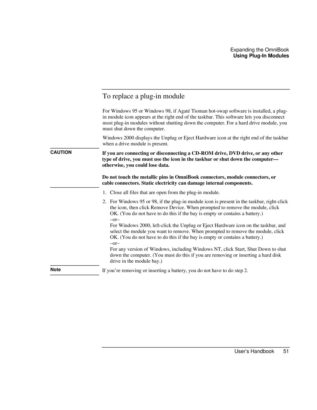 HP Book 4150 manual To replace a plug-in module 