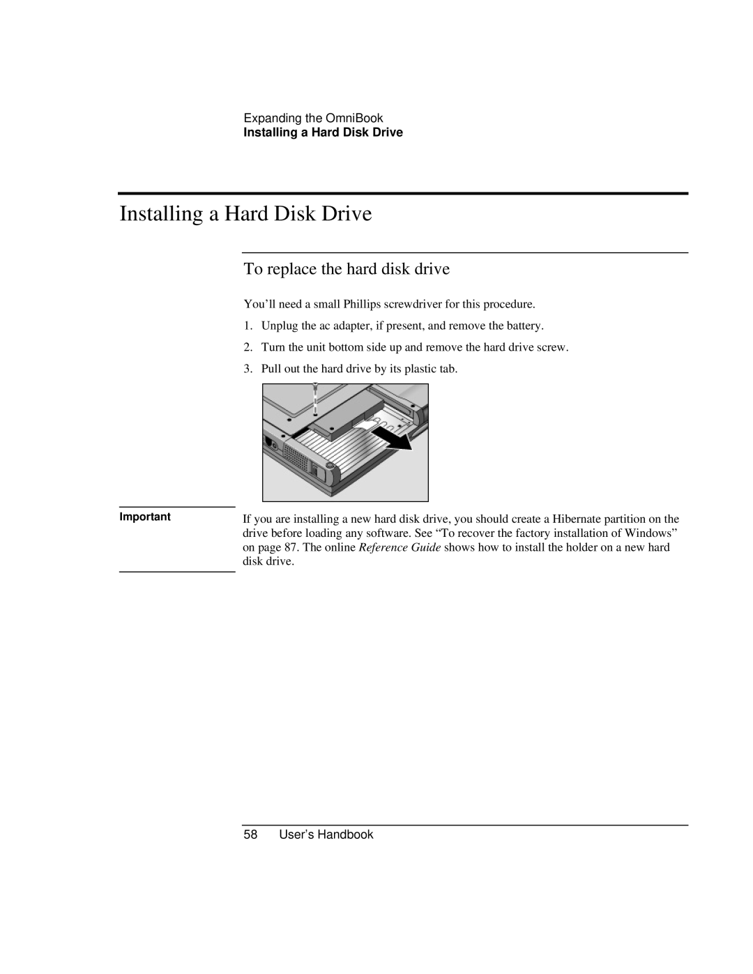 HP Book 4150 manual Installing a Hard Disk Drive, To replace the hard disk drive 