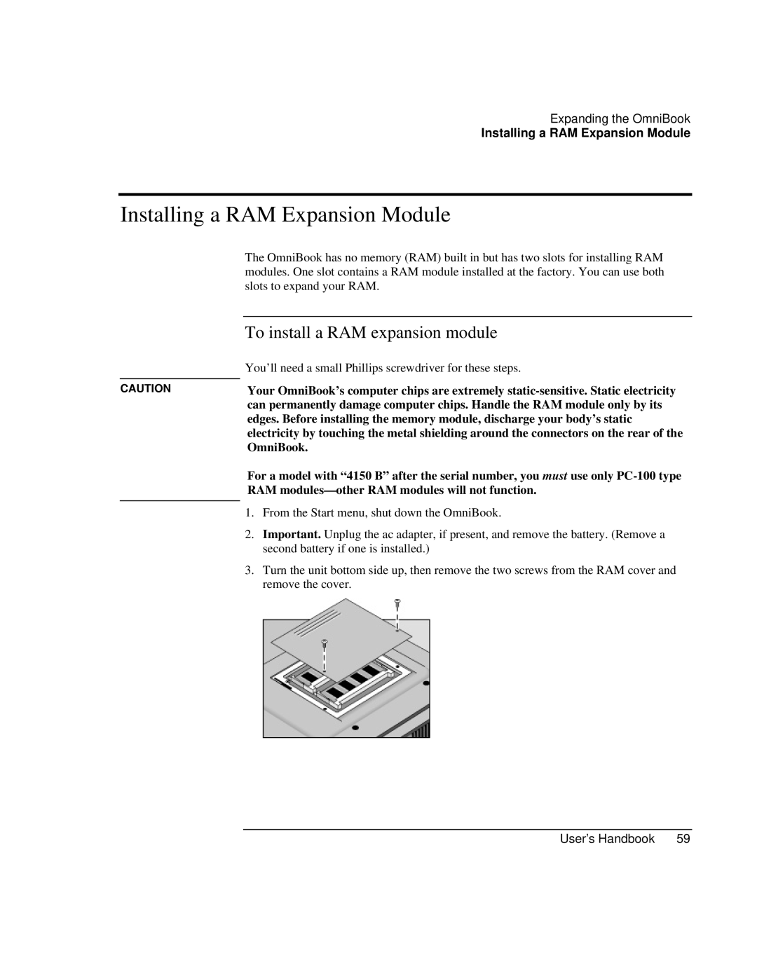 HP Book 4150 manual Installing a RAM Expansion Module 