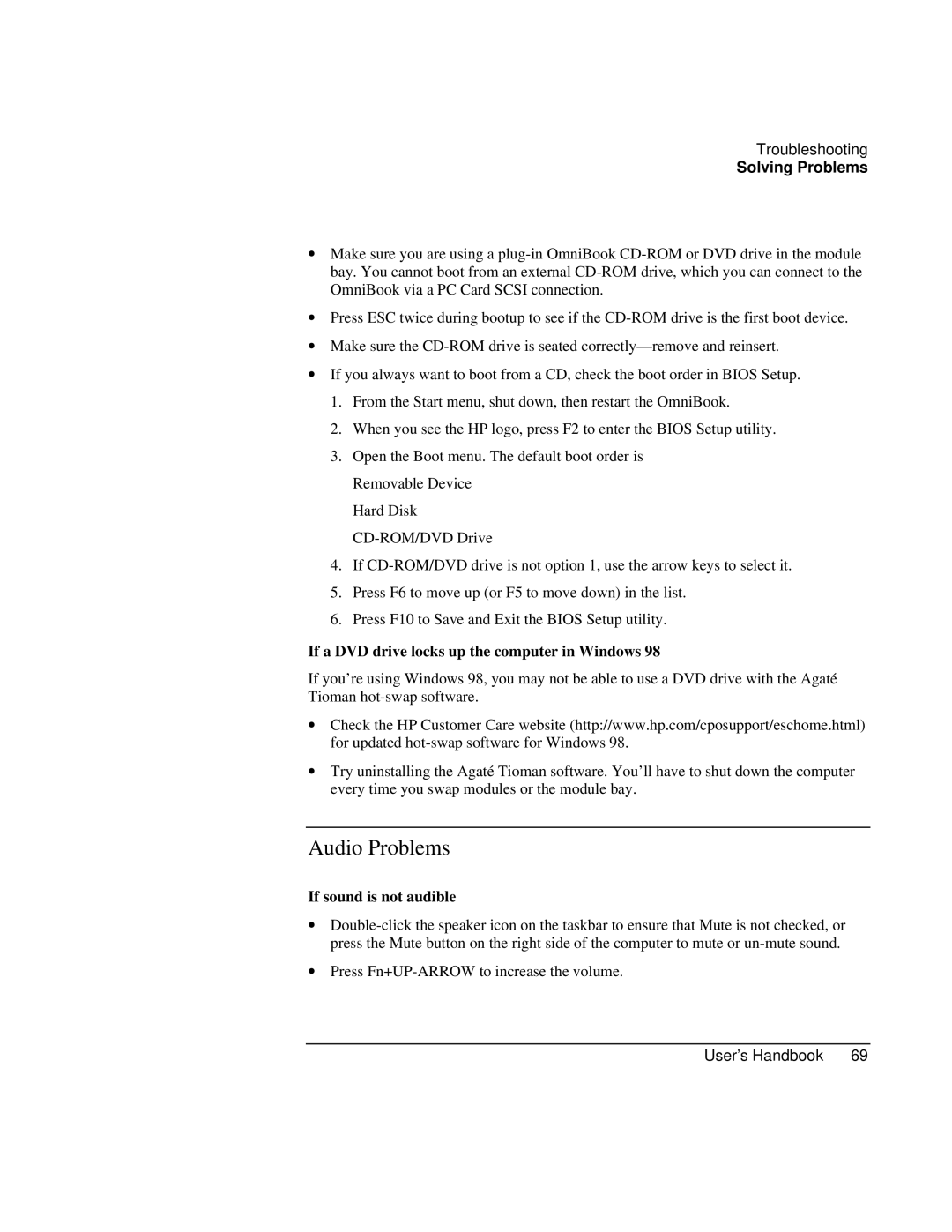 HP Book 4150 manual Audio Problems, If a DVD drive locks up the computer in Windows, If sound is not audible 