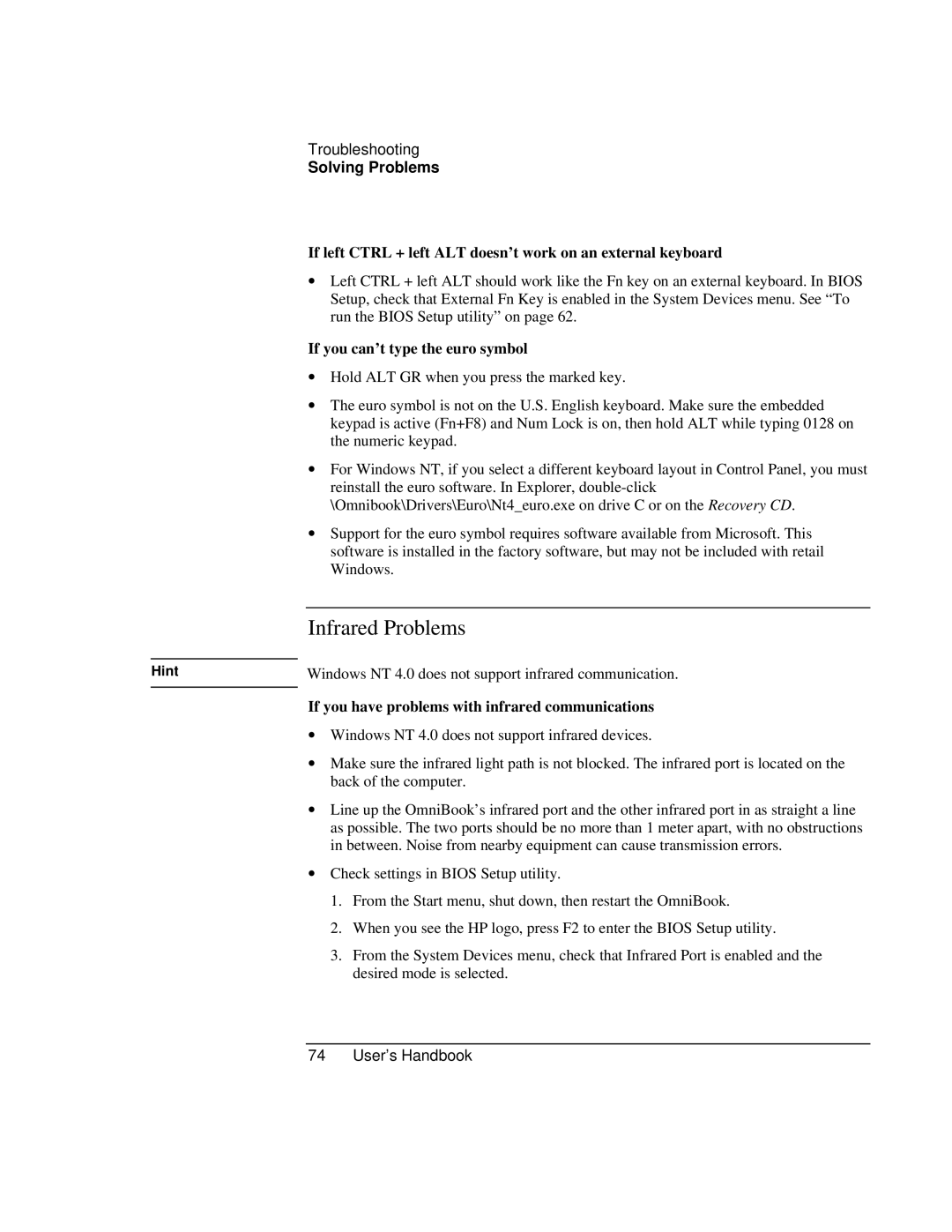 HP Book 4150 manual If you can’t type the euro symbol, Windows NT 4.0 does not support infrared communication 