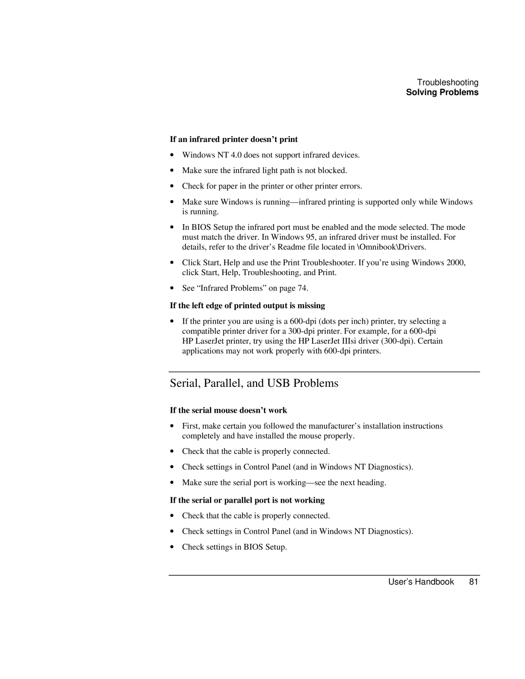 HP Book 4150 Serial, Parallel, and USB Problems, If an infrared printer doesn’t print, If the serial mouse doesn’t work 