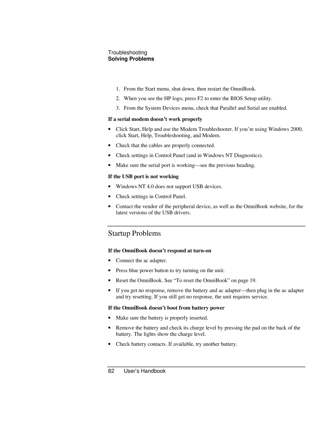 HP Book 4150 manual Startup Problems, If a serial modem doesn’t work properly, If the USB port is not working 