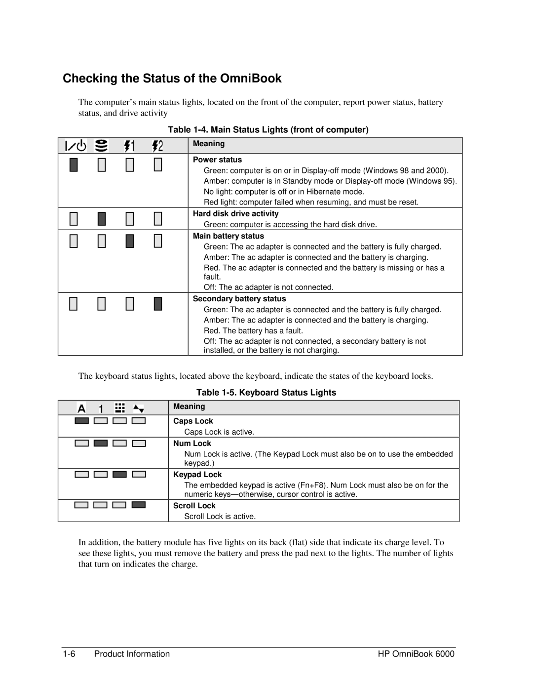 HP Book 6000 manual Checking the Status of the OmniBook, Main Status Lights front of computer, Keyboard Status Lights 
