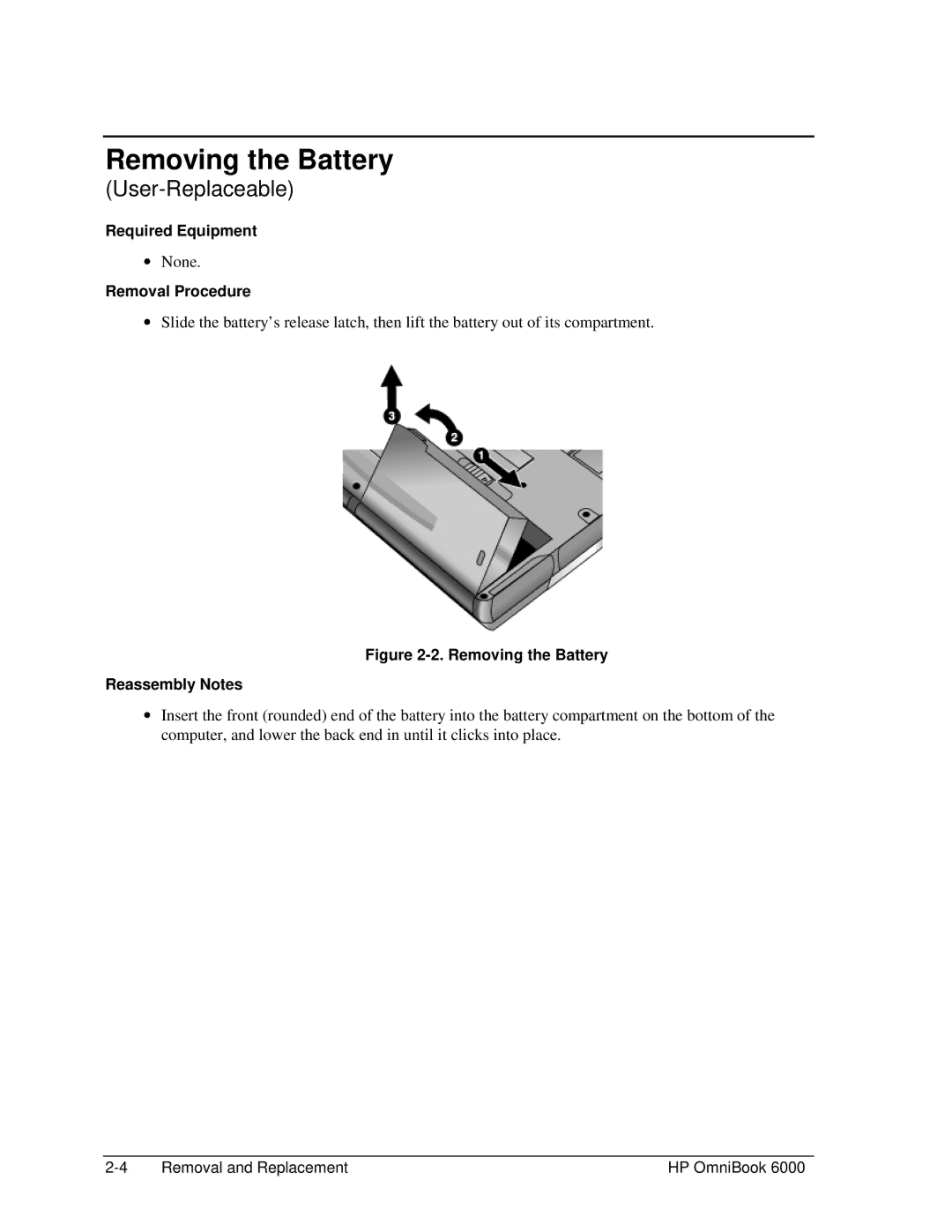 HP Book 6000 manual Removing the Battery, Removal Procedure 