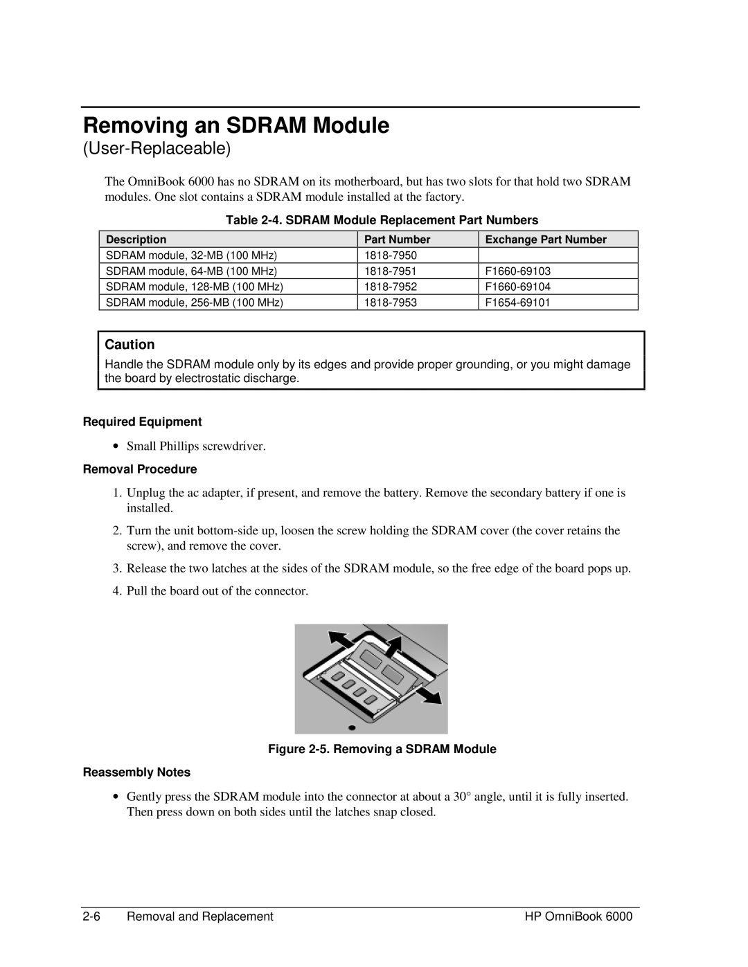 HP Book 6000 manual Removing an Sdram Module, Sdram Module Replacement Part Numbers, Exchange Part Number 