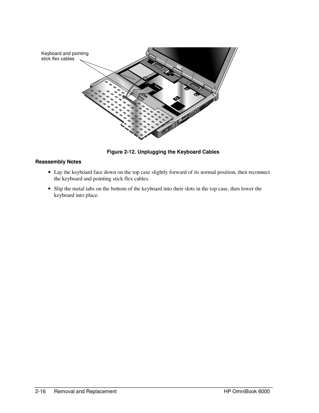 HP Book 6000 manual Unplugging the Keyboard Cables Reassembly Notes 