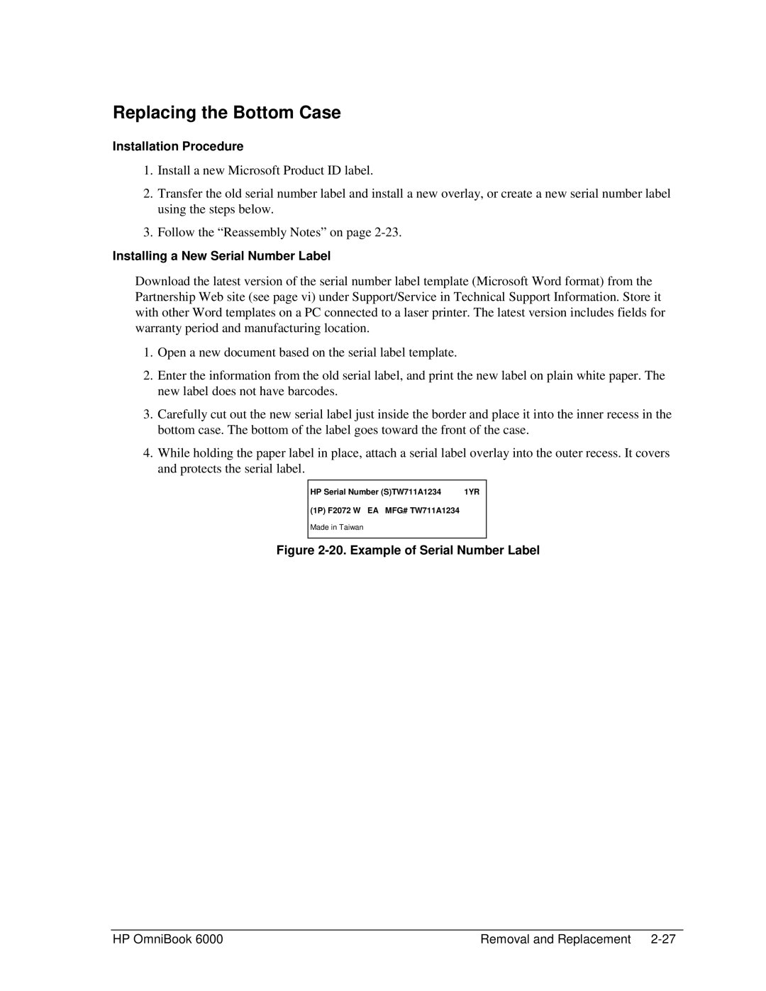 HP Book 6000 manual Replacing the Bottom Case, Installing a New Serial Number Label 