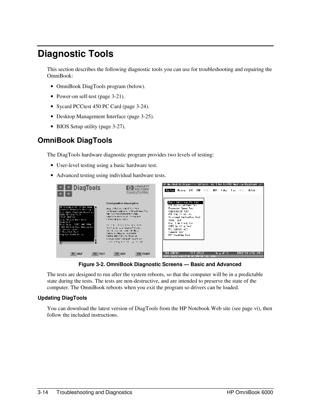 HP Book 6000 manual Diagnostic Tools, OmniBook DiagTools, Updating DiagTools 