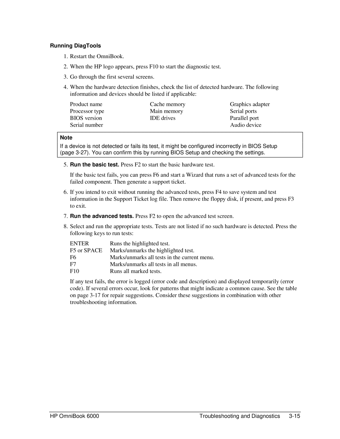 HP Book 6000 manual Enter, Running DiagTools 