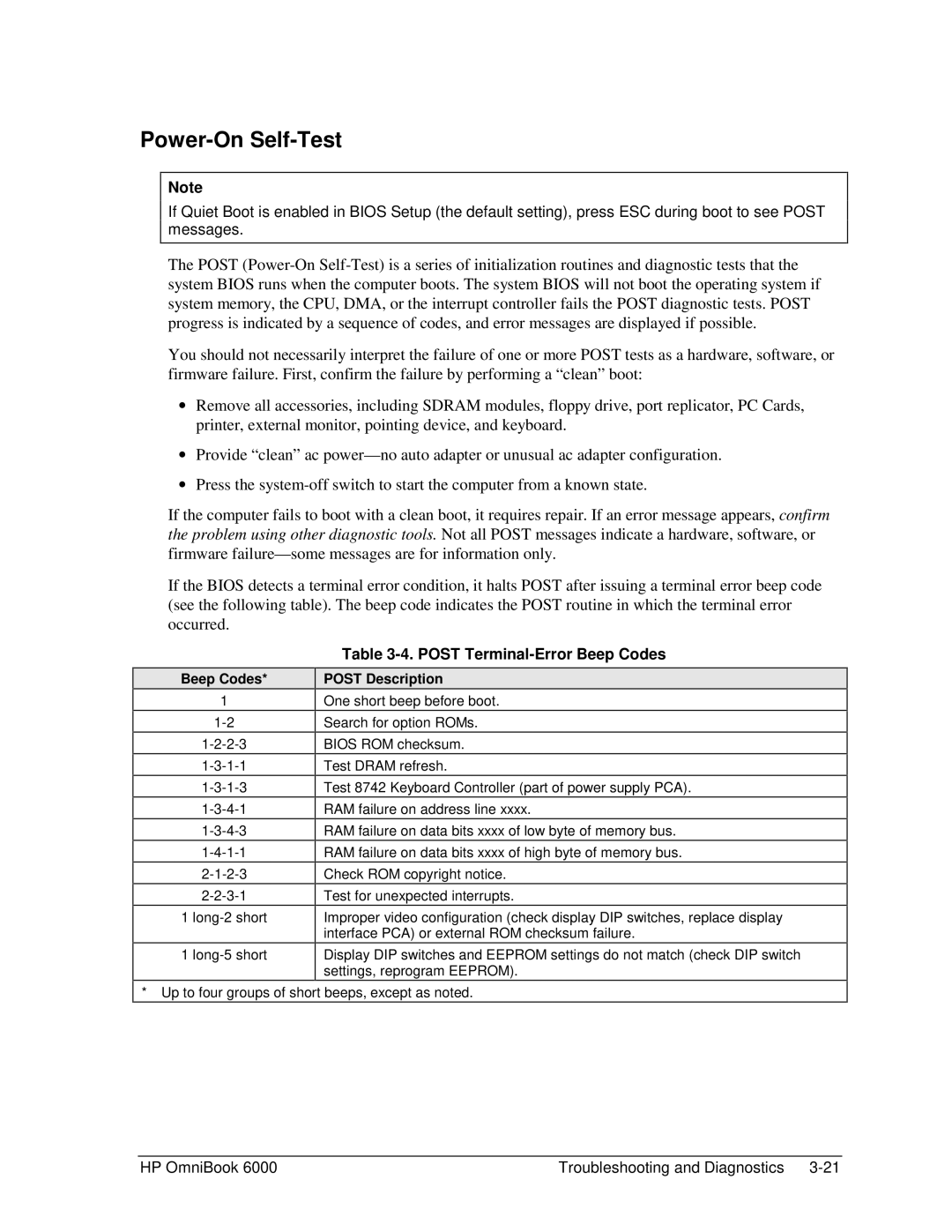 HP Book 6000 manual Power-On Self-Test, Post Terminal-Error Beep Codes, Beep Codes Post Description 