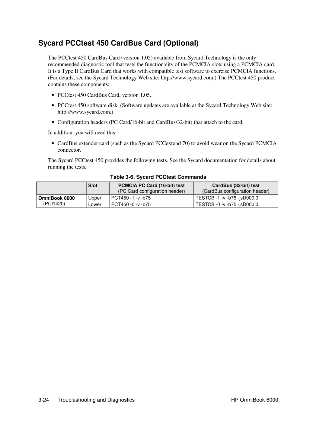 HP Book 6000 manual Sycard PCCtest 450 CardBus Card Optional, Sycard PCCtest Commands, Slot 