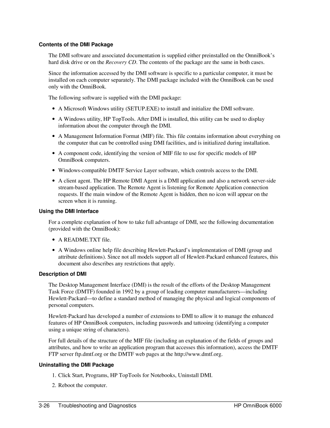 HP Book 6000 manual Contents of the DMI Package, Using the DMI Interface, Description of DMI, Uninstalling the DMI Package 