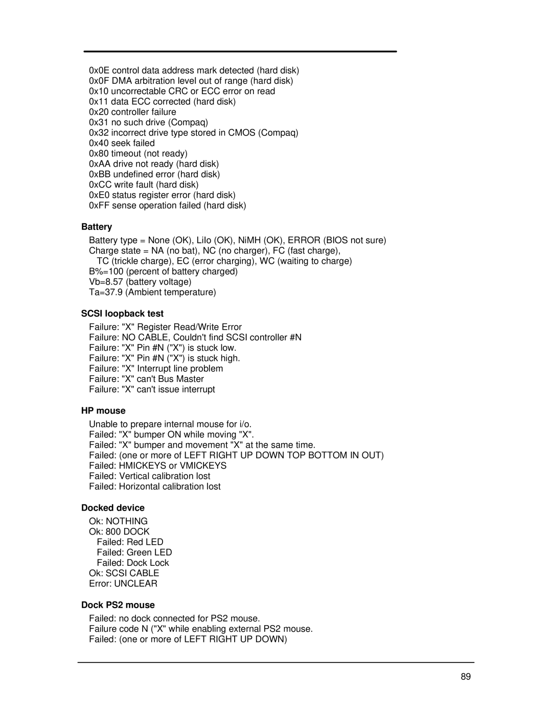 HP Book 800CT manual Battery, Scsi loopback test 