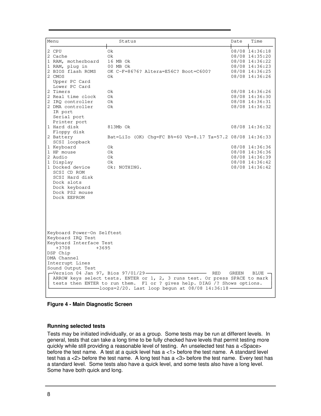 HP Book 800CT manual Main Diagnostic Screen Running selected tests 