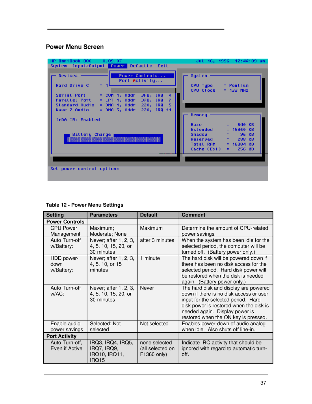 HP Book 800CT manual Power Menu Screen, Port Activity, IRQ3, IRQ4, IRQ5, IRQ7, IRQ9, IRQ15 