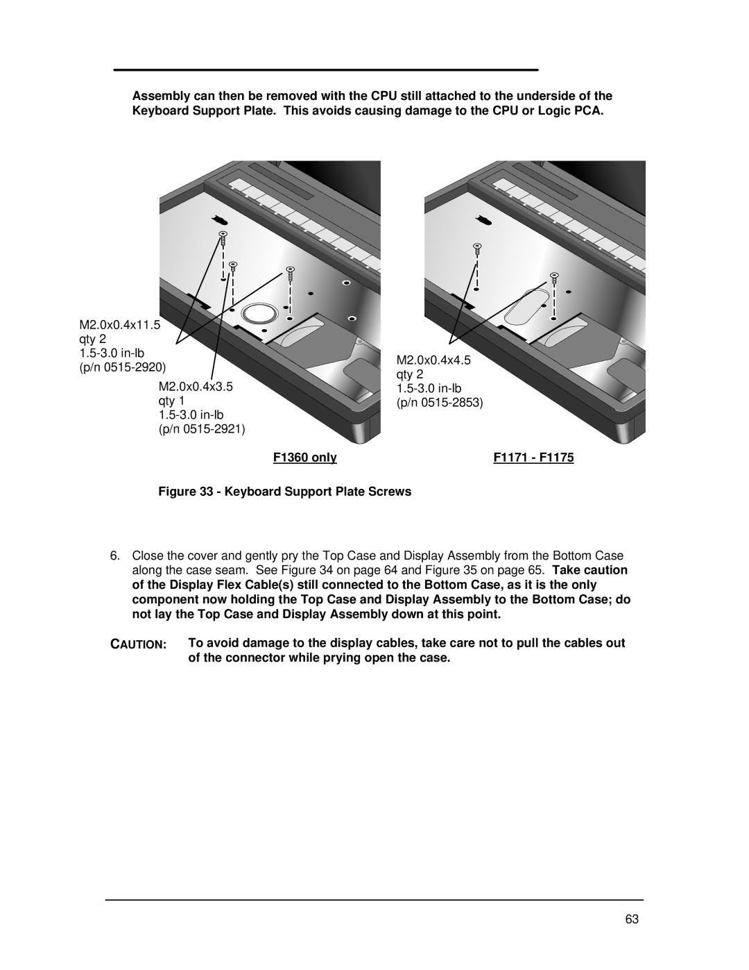 HP Book 800CT manual F1360 only F1171 F1175, Keyboard Support Plate Screws 