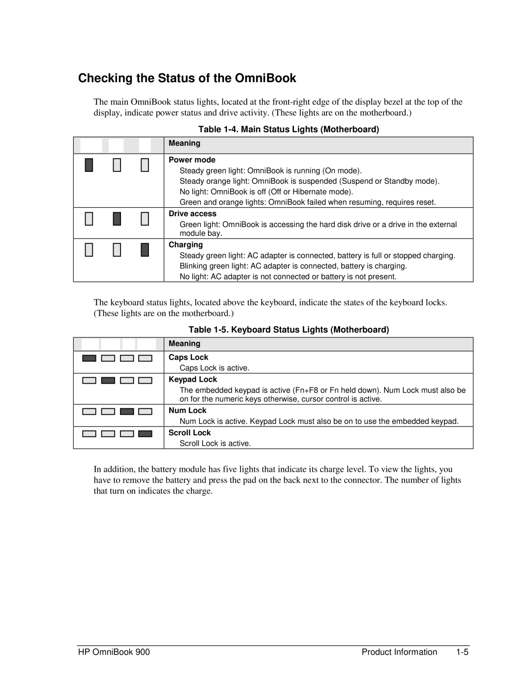 HP Book 900 manual Checking the Status of the OmniBook, Main Status Lights Motherboard, Keyboard Status Lights Motherboard 