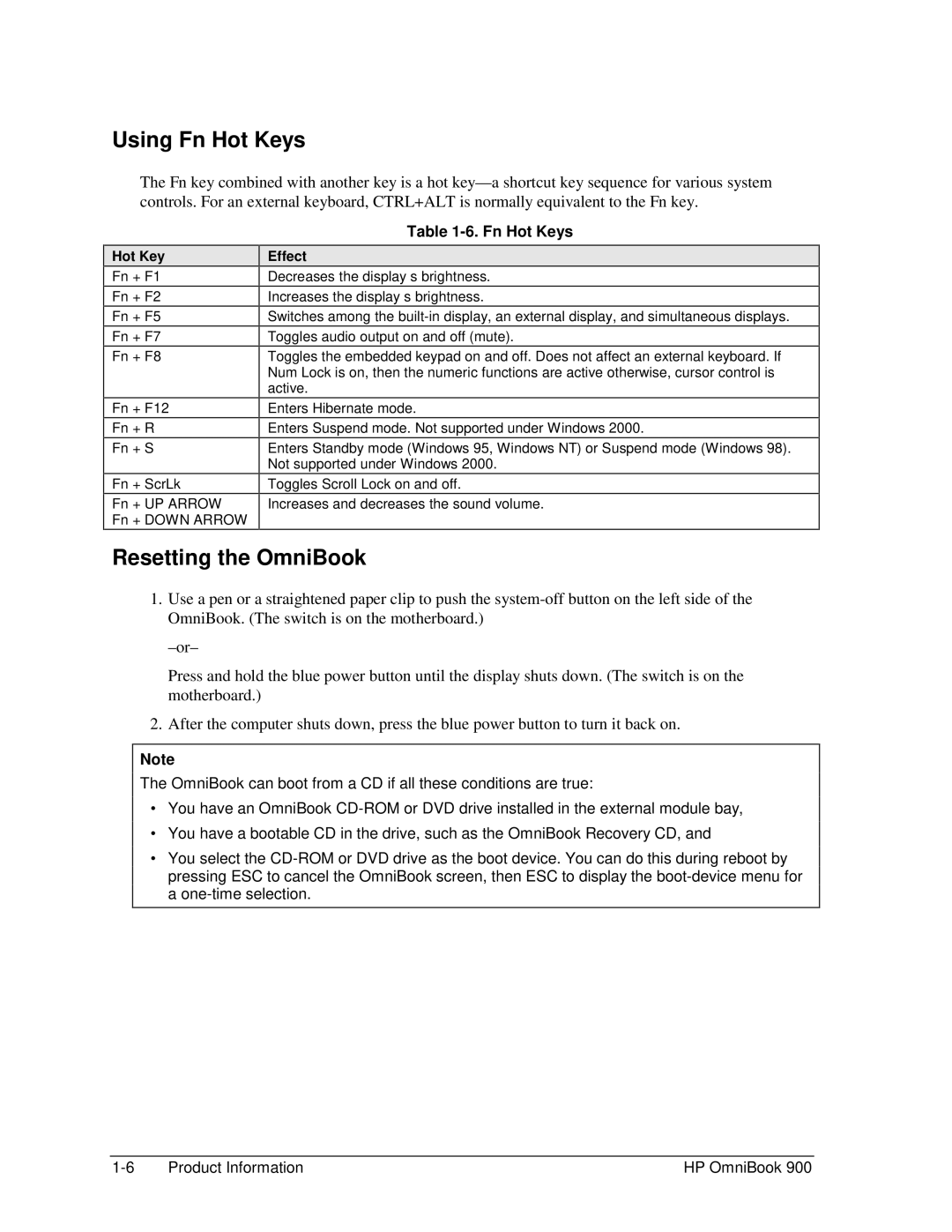 HP Book 900 manual Using Fn Hot Keys, Resetting the OmniBook, Effect 