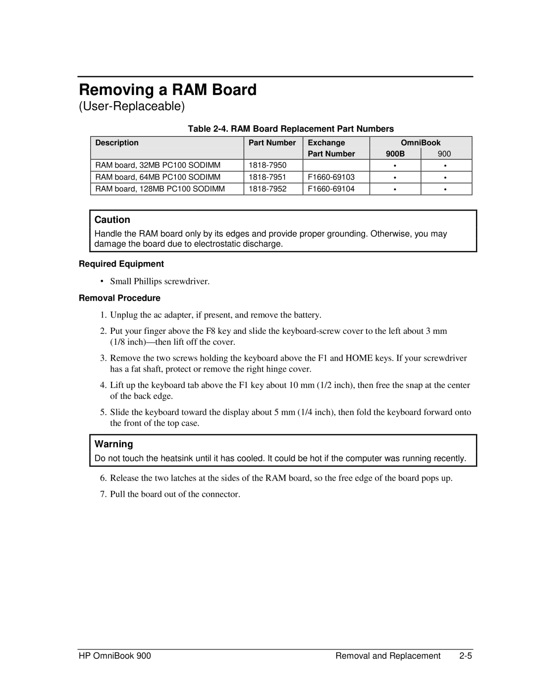 HP manual Removing a RAM Board, RAM Board Replacement Part Numbers, Exchange Part Number, OmniBook 900B 900† 