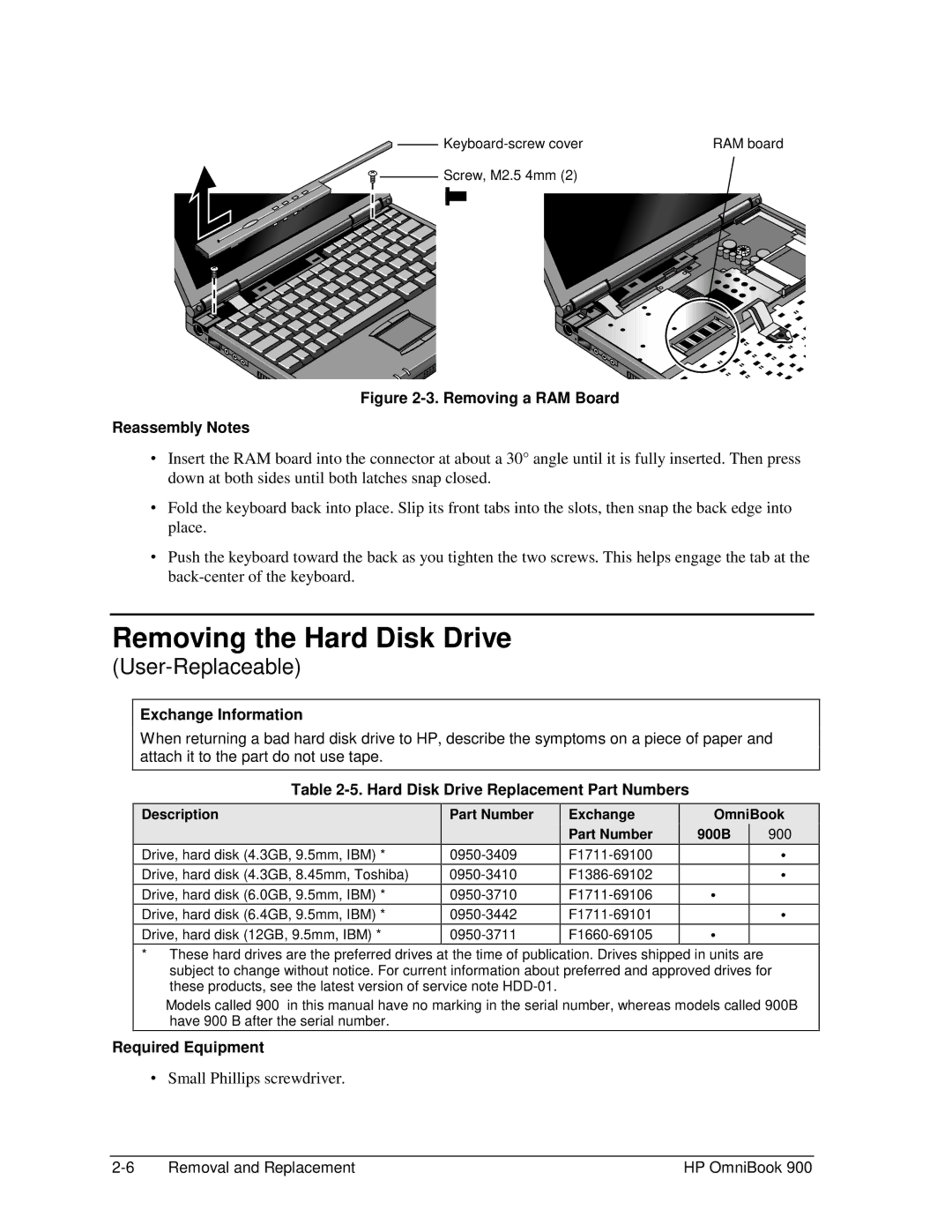 HP Book 900 manual Removing the Hard Disk Drive, Exchange Information, Hard Disk Drive Replacement Part Numbers 