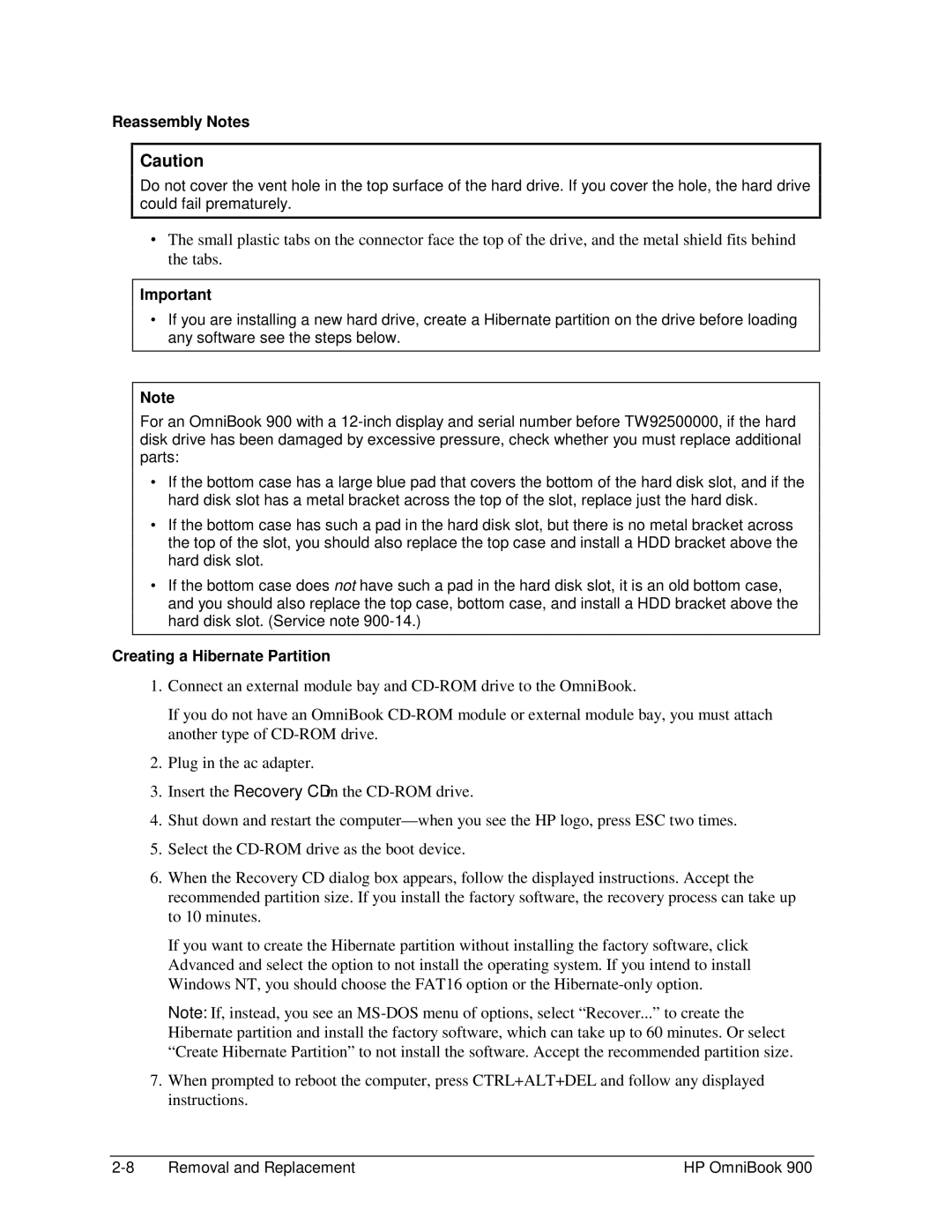 HP Book 900 manual Creating a Hibernate Partition 