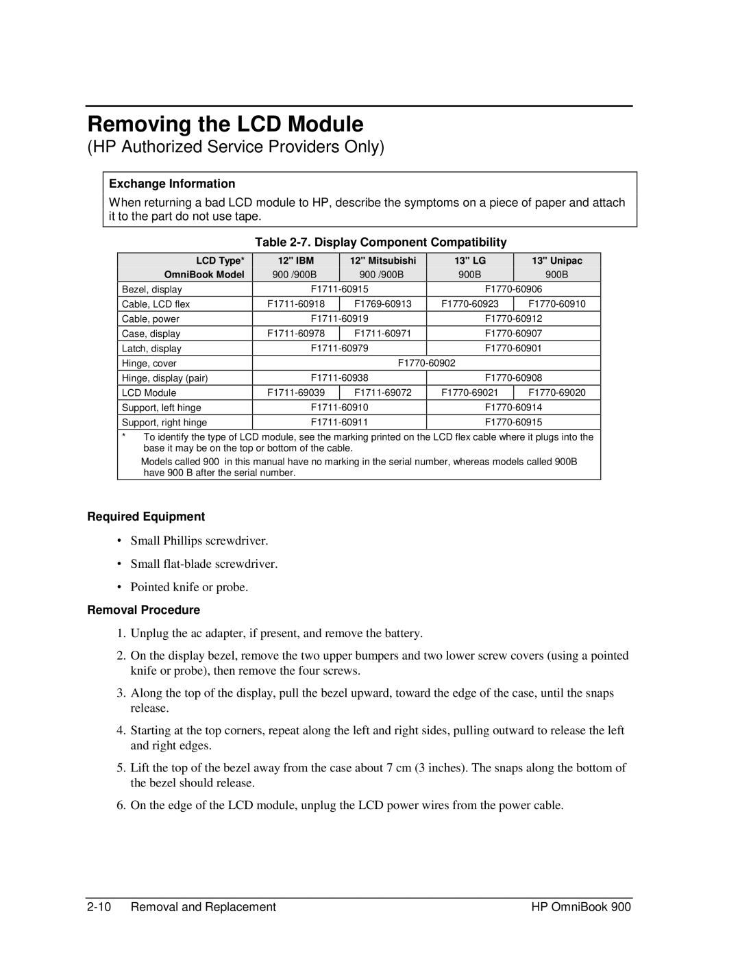 HP Book 900 manual Removing the LCD Module, Display Component Compatibility 