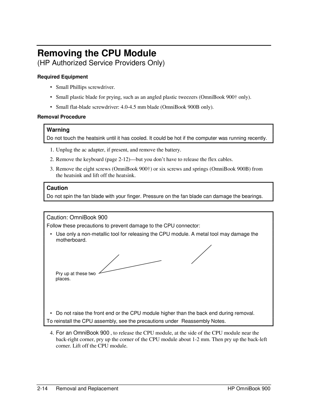 HP Book 900 manual Removing the CPU Module 