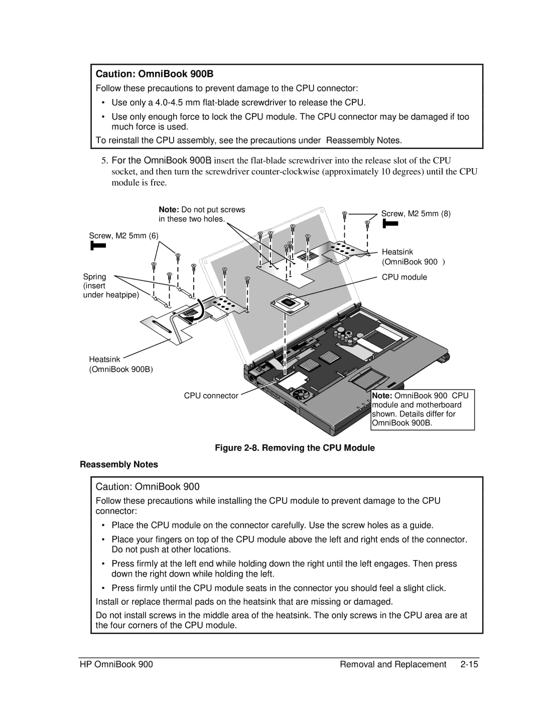 HP Book 900 manual Removing the CPU Module Reassembly Notes 