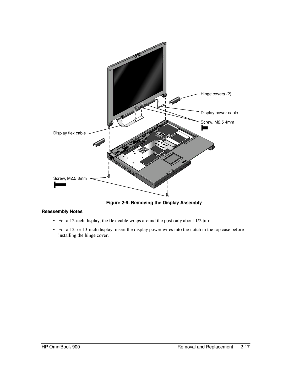 HP Book 900 manual Removing the Display Assembly Reassembly Notes 