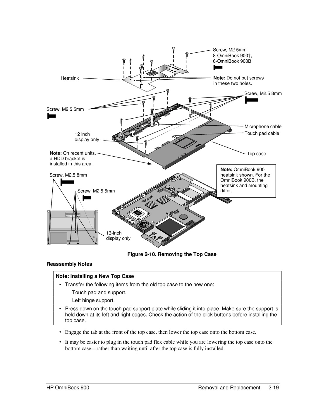 HP Book 900 manual Removing the Top Case Reassembly Notes 