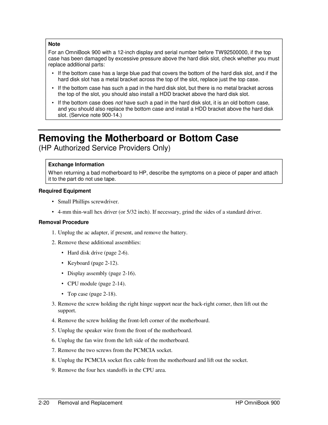 HP Book 900 manual Removing the Motherboard or Bottom Case, Exchange Information 