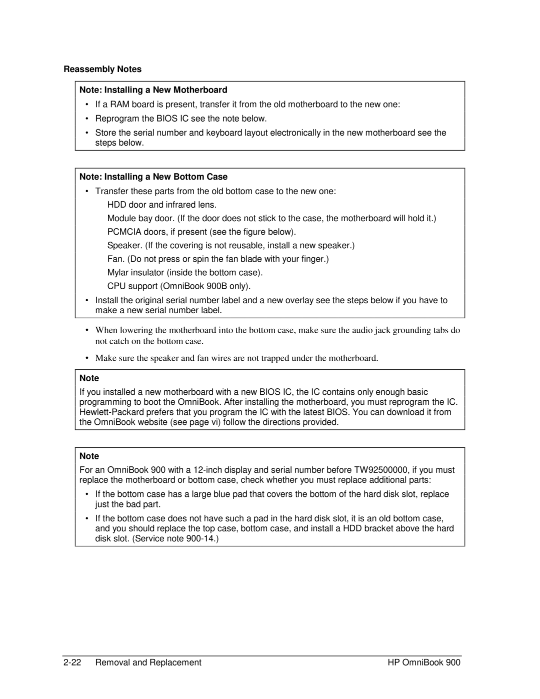 HP Book 900 manual Reassembly Notes 