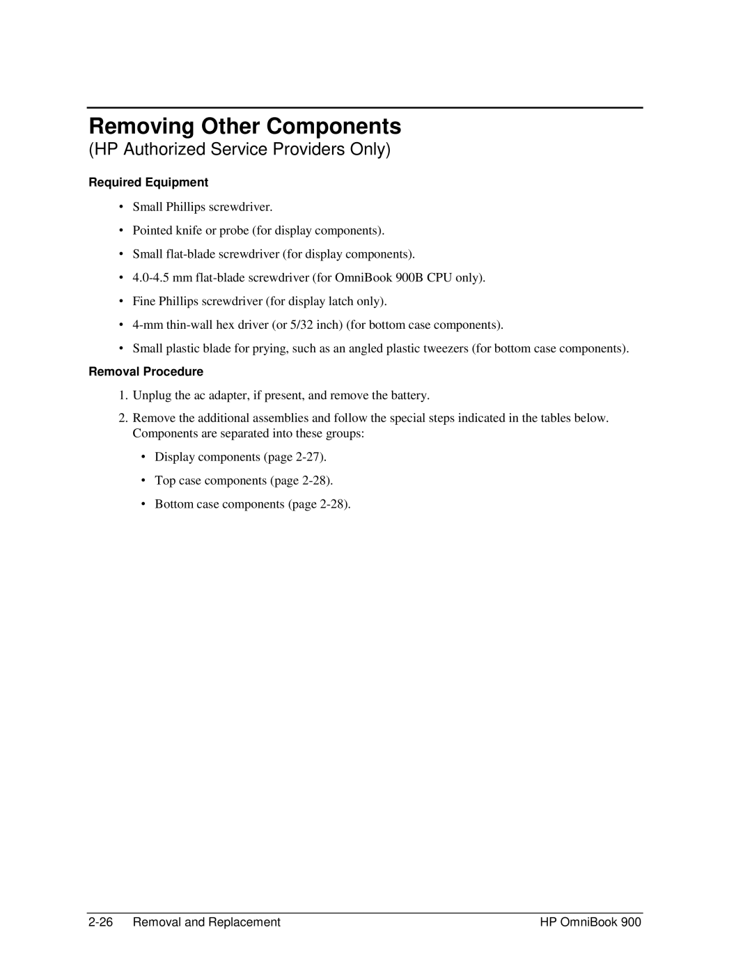 HP Book 900 manual Removing Other Components 