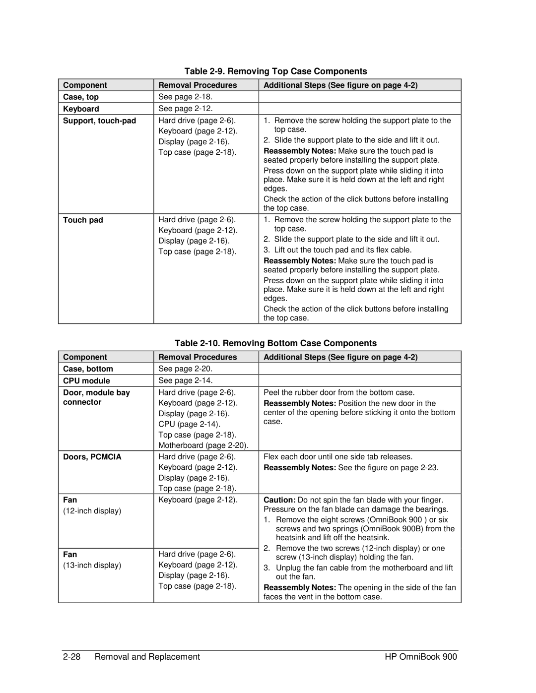 HP Book 900 manual Removing Top Case Components, Removing Bottom Case Components 