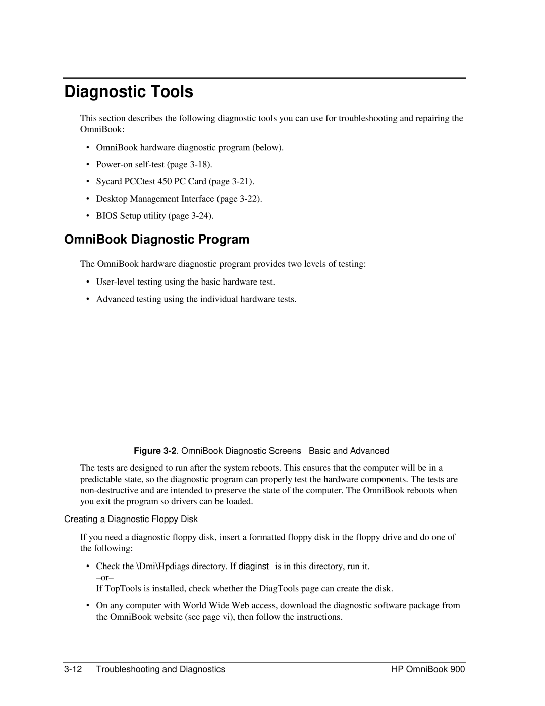 HP Book 900 manual Diagnostic Tools, OmniBook Diagnostic Program, Creating a Diagnostic Floppy Disk 