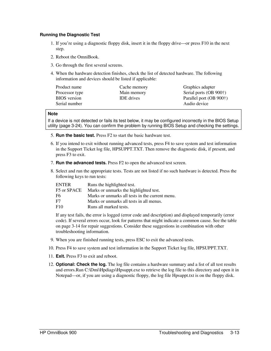 HP Book 900 manual Serial number Audio device, Running the Diagnostic Test 