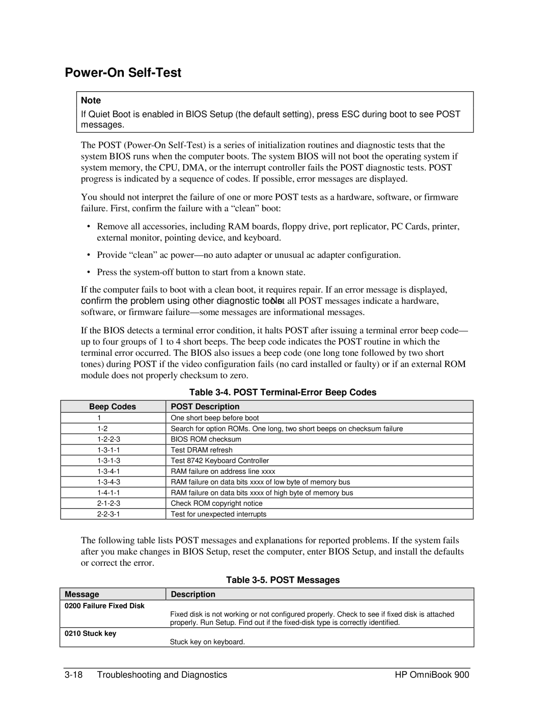 HP Book 900 manual Power-On Self-Test, Post Terminal-Error Beep Codes, Post Messages 