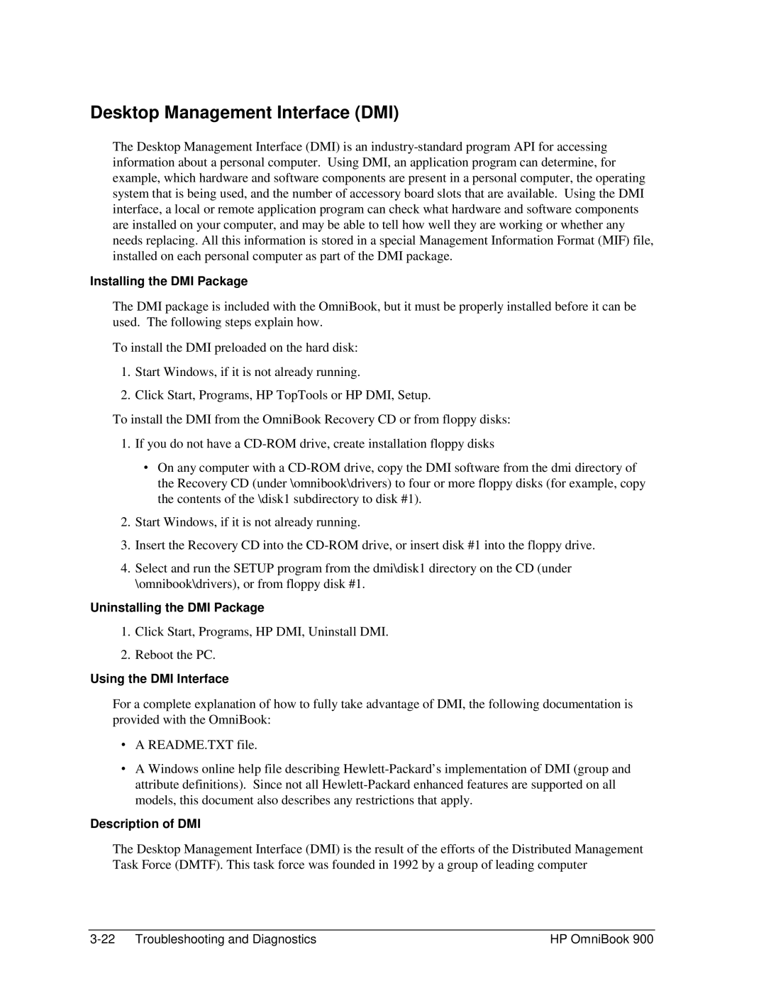 HP Book 900 Desktop Management Interface DMI, Installing the DMI Package, Uninstalling the DMI Package, Description of DMI 