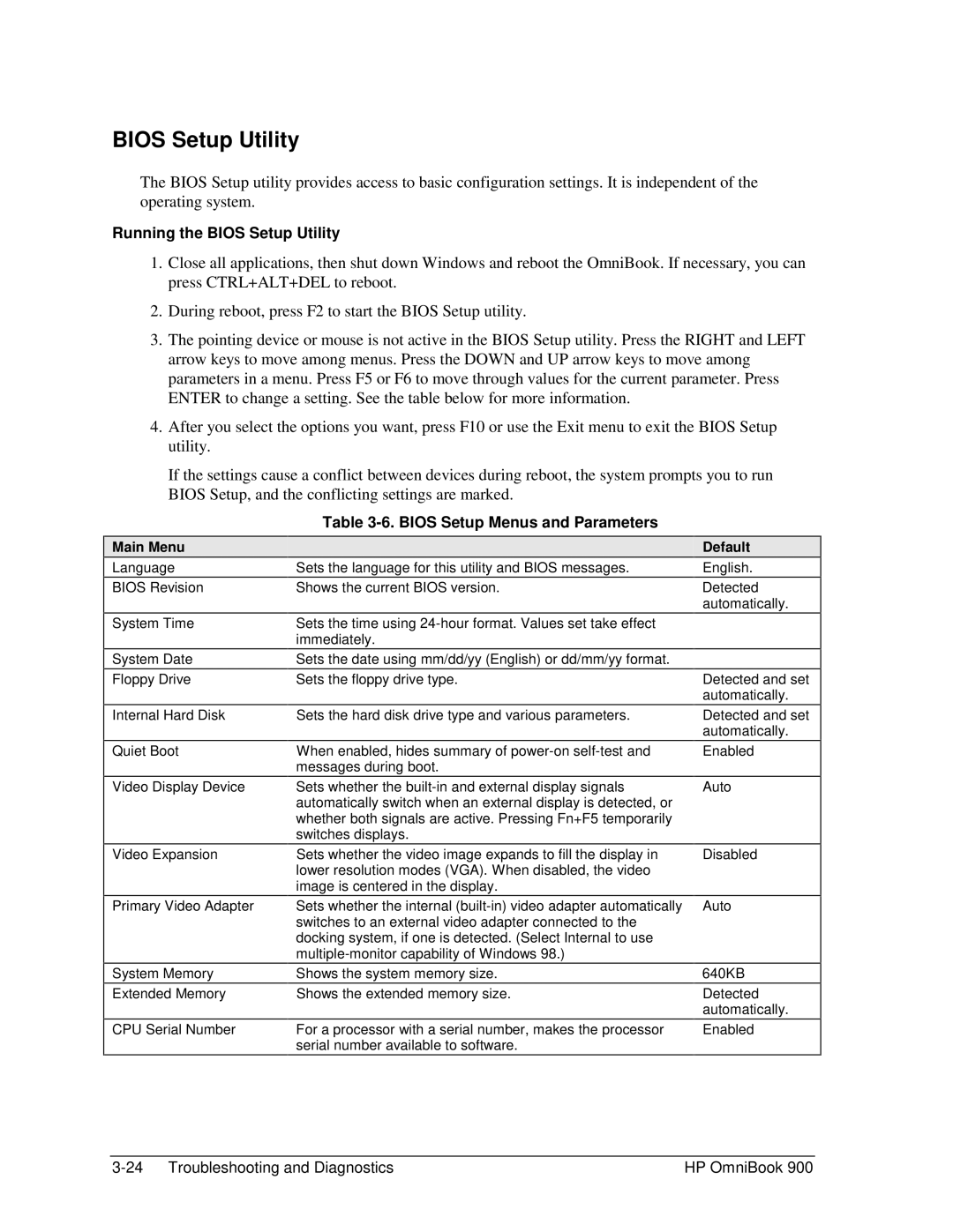 HP Book 900 manual Running the Bios Setup Utility, Bios Setup Menus and Parameters, Main Menu Default 