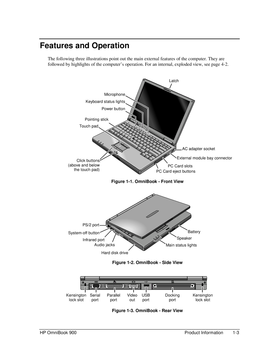 HP Book 900 manual Features and Operation, OmniBook Front View 