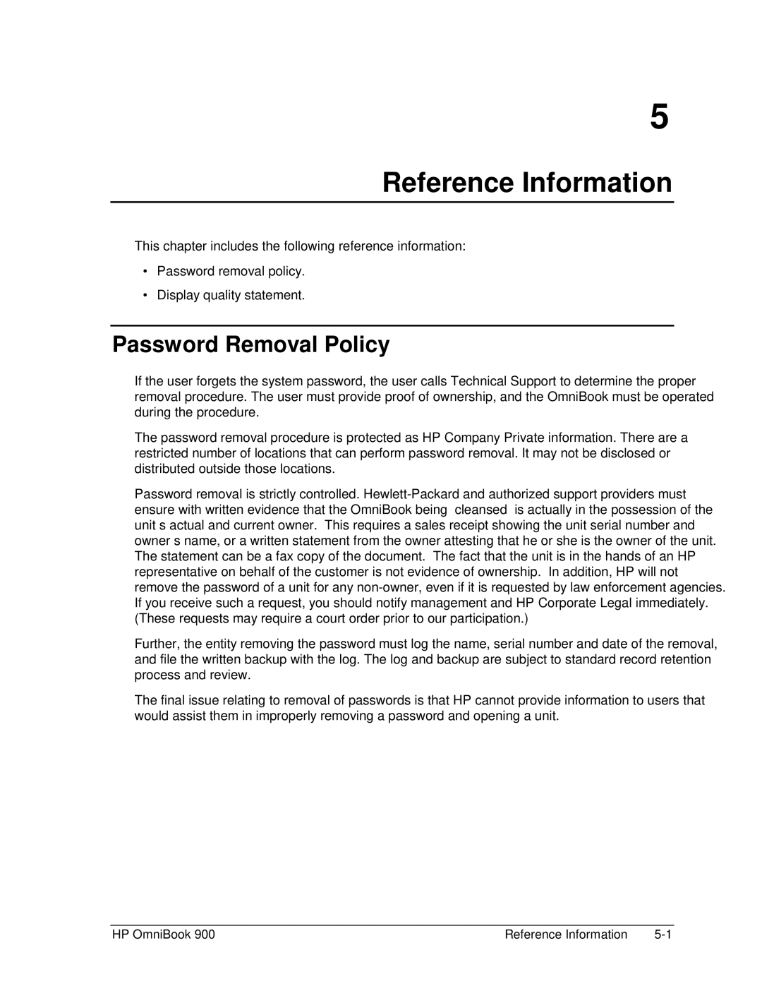 HP Book 900 manual Reference Information, Password Removal Policy 