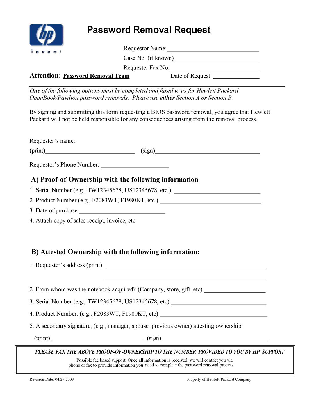 HP Book vt6200 manual Password Removal Request, Proof-of-Ownership with the following information 