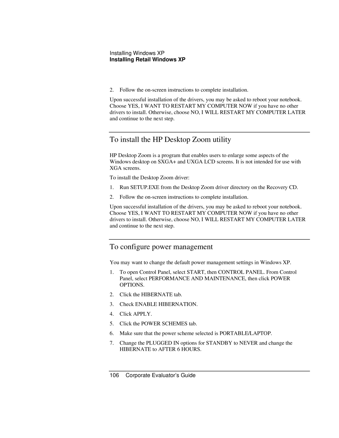 HP Book vt6200 manual To install the HP Desktop Zoom utility, To configure power management 