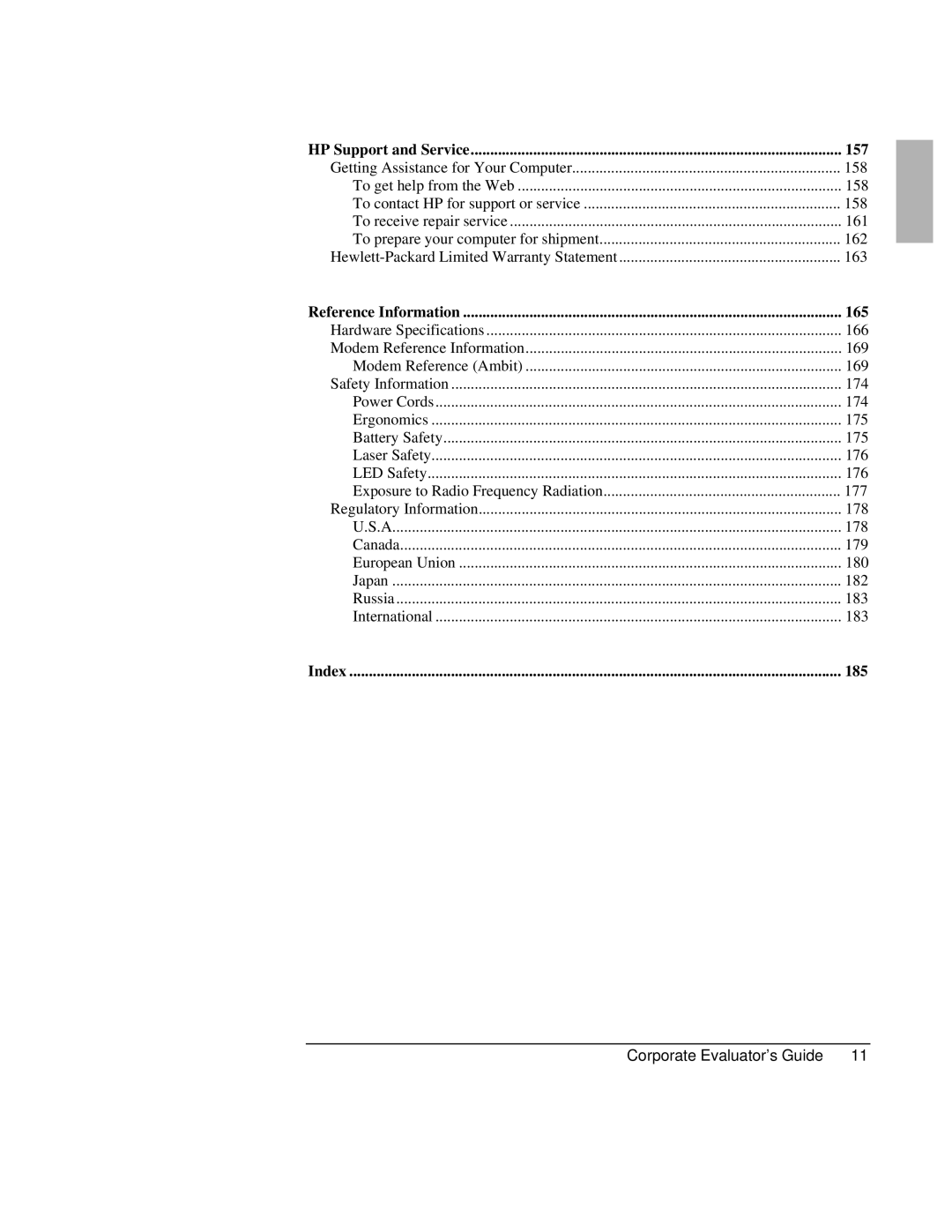 HP Book vt6200 manual HP Support and Service, Reference Information, Index 185 