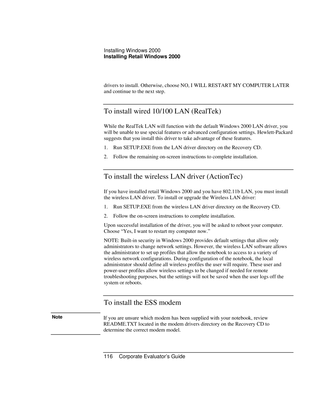 HP Book vt6200 To install wired 10/100 LAN RealTek, To install the wireless LAN driver ActionTec, To install the ESS modem 