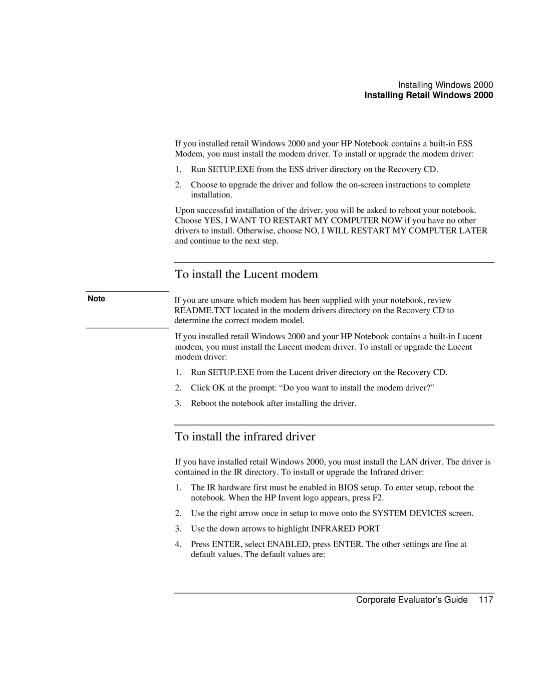 HP Book vt6200 manual To install the Lucent modem, To install the infrared driver 