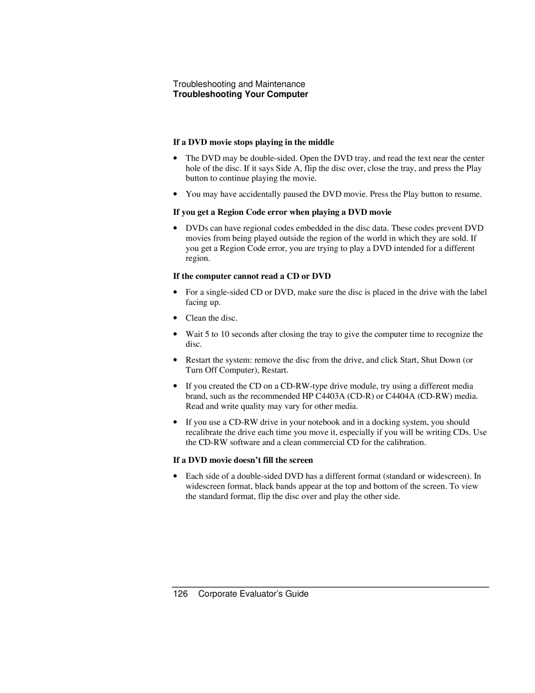 HP Book vt6200 manual If a DVD movie stops playing in the middle, If you get a Region Code error when playing a DVD movie 