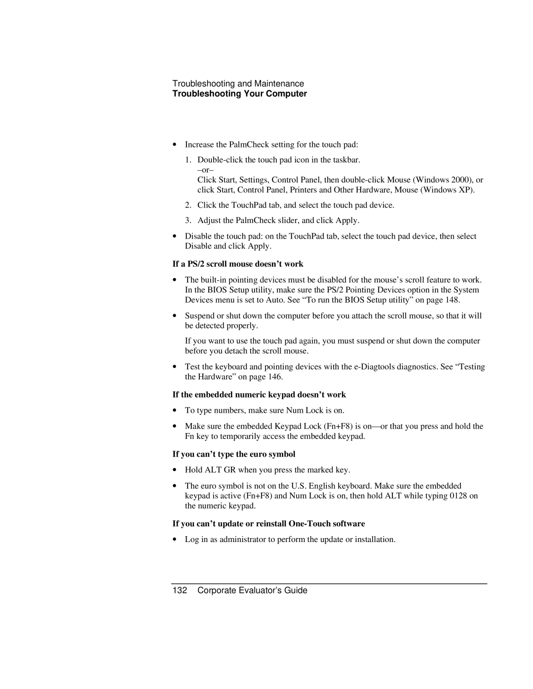 HP Book vt6200 manual If a PS/2 scroll mouse doesn’t work, If the embedded numeric keypad doesn’t work 