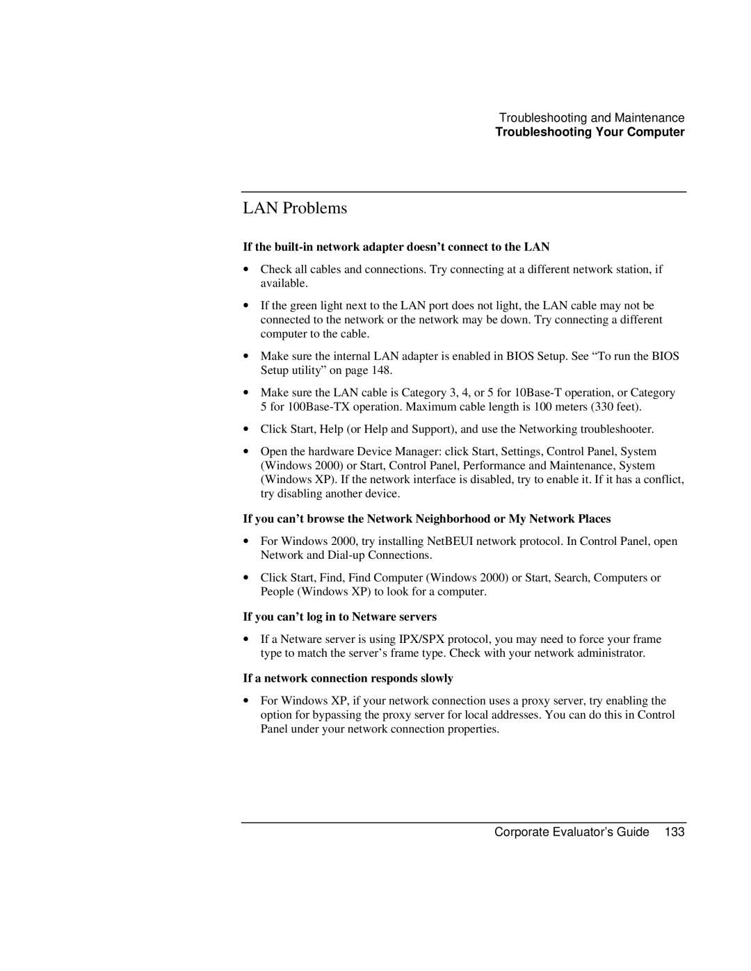 HP Book vt6200 manual LAN Problems, If the built-in network adapter doesn’t connect to the LAN 